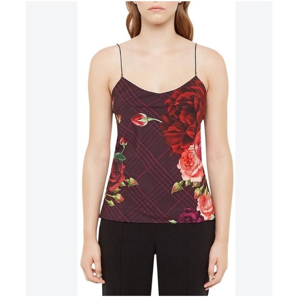 Ted Baker Klisha Juxtapose Rose Cami Top Size M Floral Black Red Pink Silk-Look